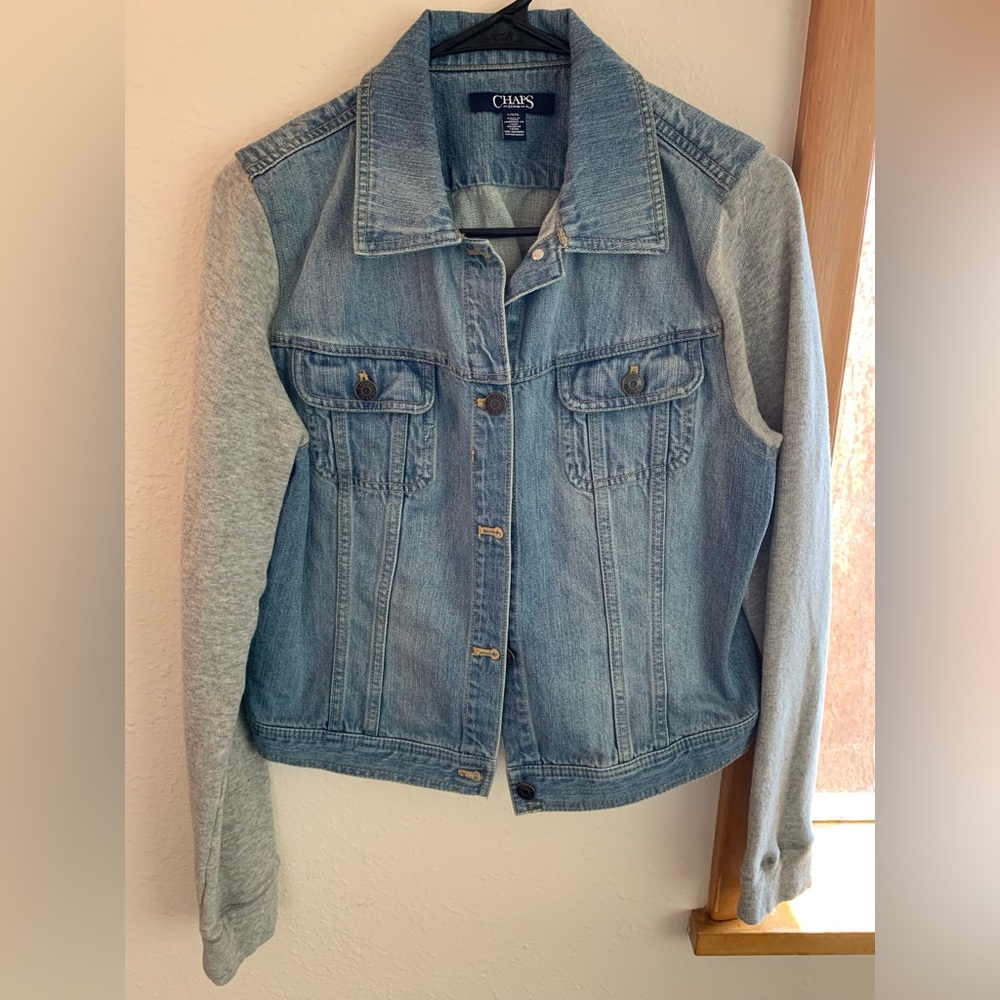 Chaps brand Women’s Denim Jacket with Sweater material Sleeves